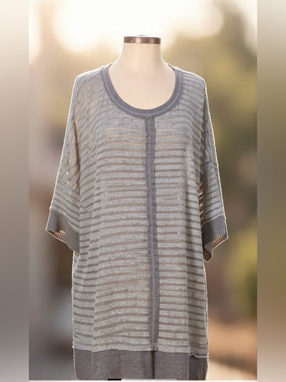 Umgee Oversized Top Tunic Pullover Gray Striped Poncho